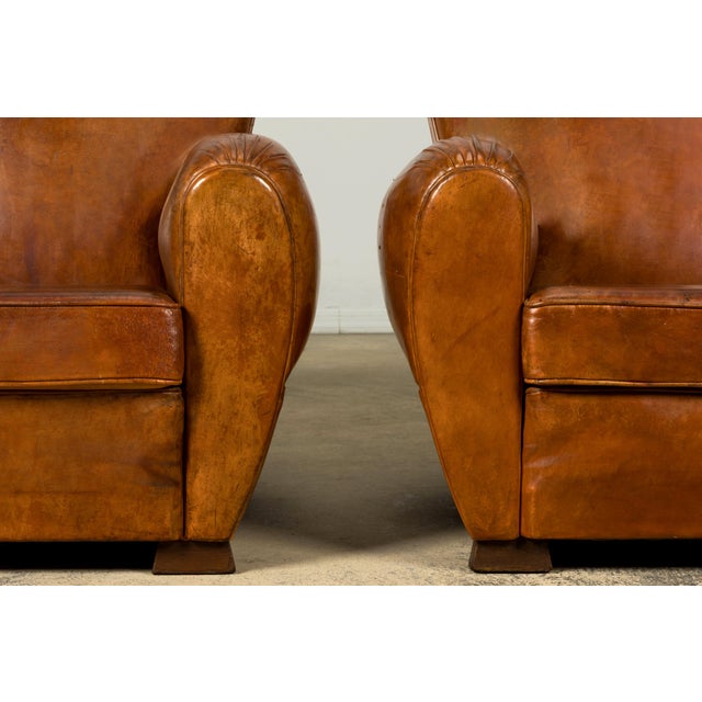 Wood 1930s French Art Deco Scalloped Back Cognac Leather Club Chairs, Pair For Sale - Image 7 of 18