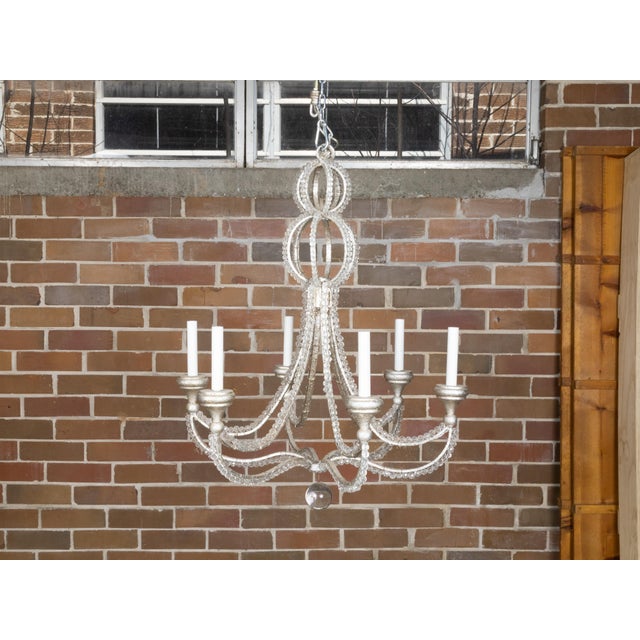 Italian Vintage Crystal and Steel Six-Light Chandelier with Faceted Beads, Wired For Sale - Image 10 of 12