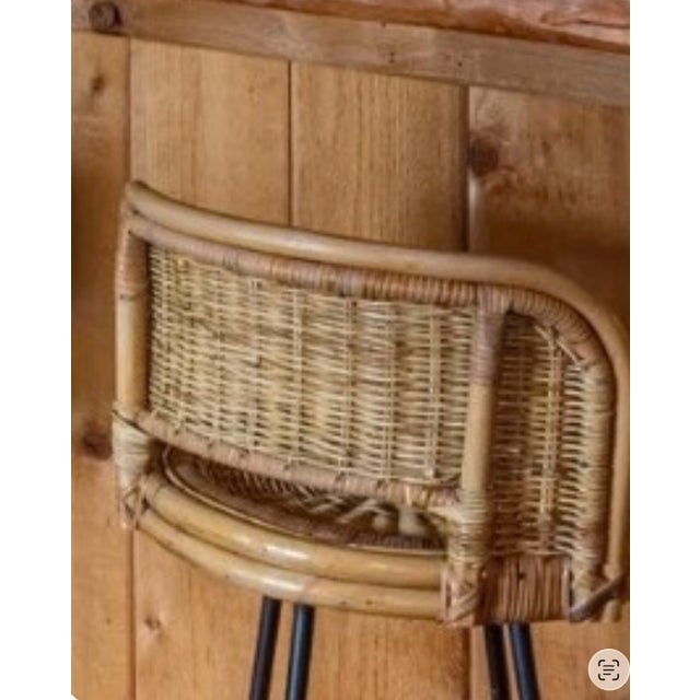 4 1960s Wicker/Bamboo/Wrought Iron Swivel Stools For Sale - Image 14 of 15