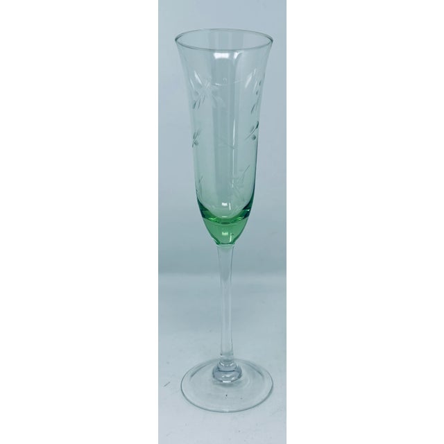 Vintage Green Colored Glass Champagne Flutes With Etched Floral Leaves a Set of 4 For Sale - Image 9 of 11