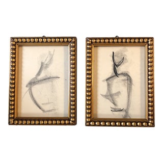 Gallery Wall Collection-2 Vintage 1950’s Abstract Fashion Charcoal Study Drawings-A Pair For Sale
