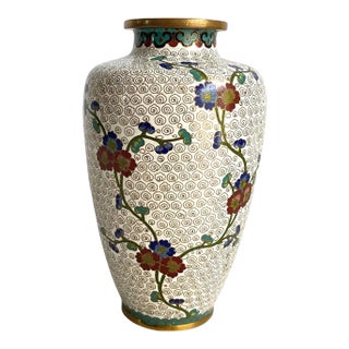 Cloisonné Vase Asian Chinoiserie Style White Cherry Blossom Floral 6" Tall For Sale