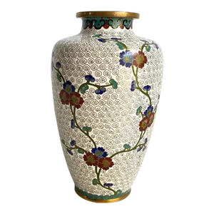 Cloisonné Vase Asian Chinoiserie Style White Cherry Blossom Floral 6" Tall
