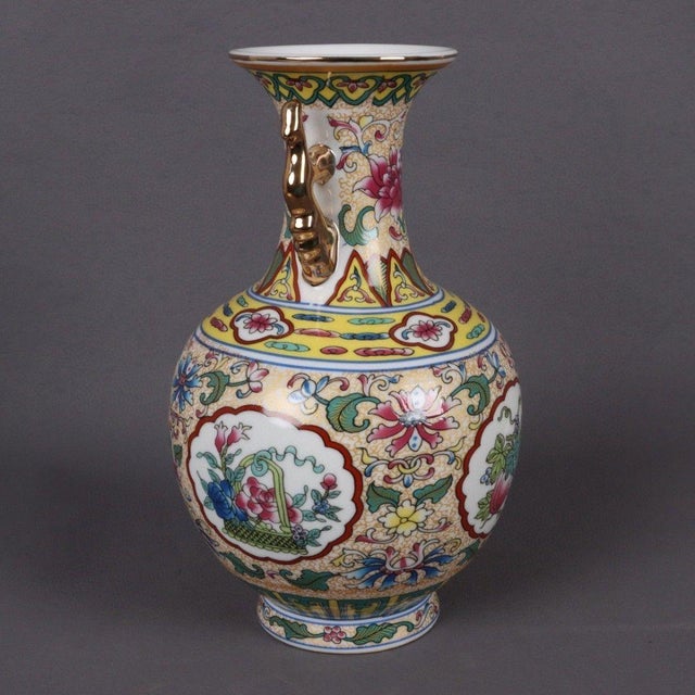 Vintage Famille Rose Twin-Handled Vase With Lotus Medallion For Sale - Image 4 of 9