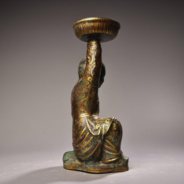 Late 20th Century Vintage Bronze Oil Lamp With Gold Inlay - Kneeling Boy Figure For Sale - Image 5 of 10