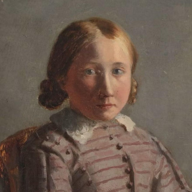 Portraiture Charles Mercier (French 1832 - 1909) Oil Painting on Board - Portrait of a Girl in Gray Silk Dress Dated 1857. For Sale - Image 3 of 9