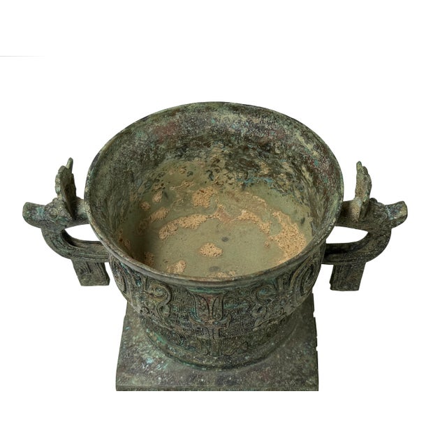 Vintage Style Ancient Ritual Bronze Vessel Display Art For Sale - Image 11 of 11