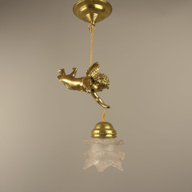 Brass Ceiling Lamp with Putto, France, 1910s For Sale - Image 10 of 10