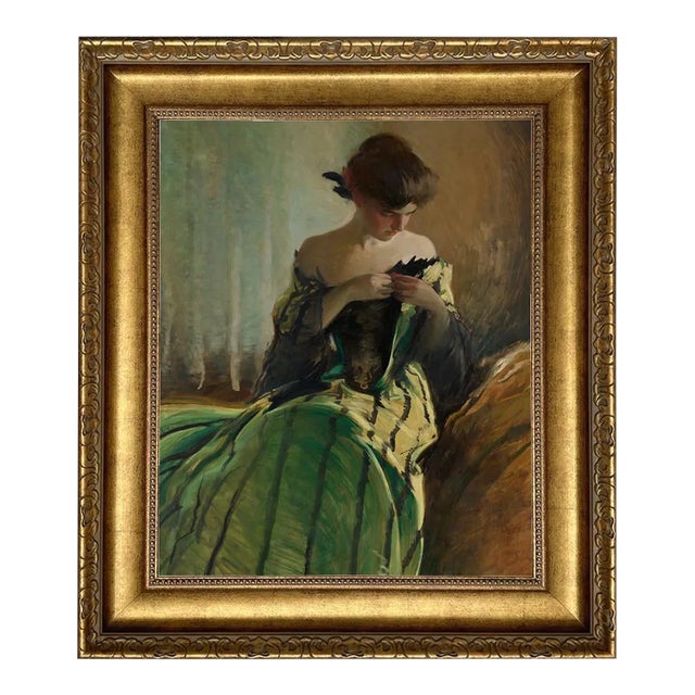 Portrait of Woman in Black and Green Dress Print on Canvas 16x20" Framed For Sale