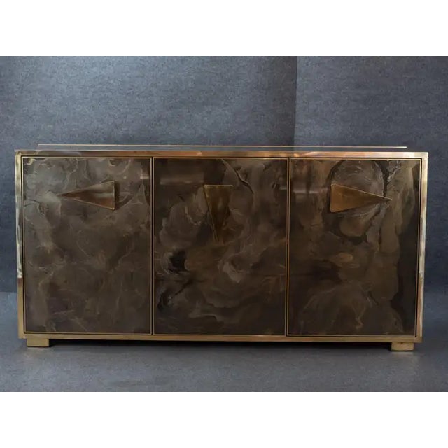 Italian Italian Sideboard Hand-Painted Marble-Effect Glass With 3 Doors For Sale - Image 3 of 11