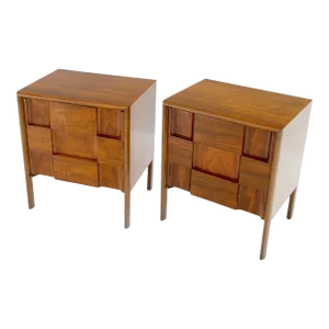 Swedish Walnut Birch Int Block Front Door End Side Tables Night Stands - A Pair