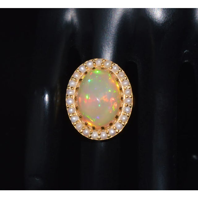 Certified Natural 13.78Cts Seed Pearl Opal Cocktail Halo Brushed 18K Solid Gold Ring, size 6.75 For Sale - Image 4 of 10