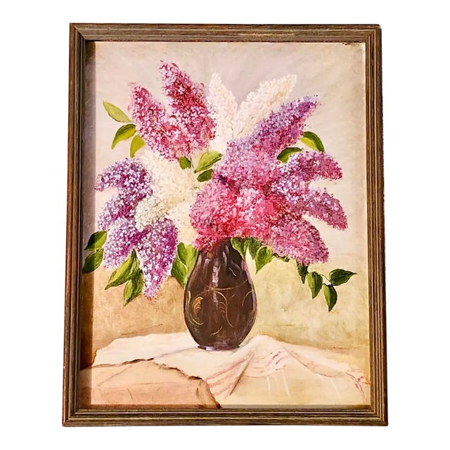 Vintage Original Oil Painting “Lilacs in Vase” in Wood Frame For Sale