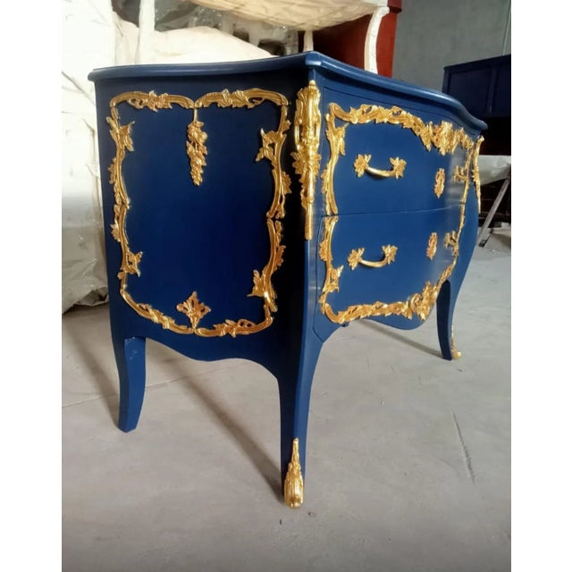 Beautiful Vintage Lacquered Real Solid Wood Royal Navy Blue Rich in Bronze Ormolu Real wood Dovetailed two drawers....