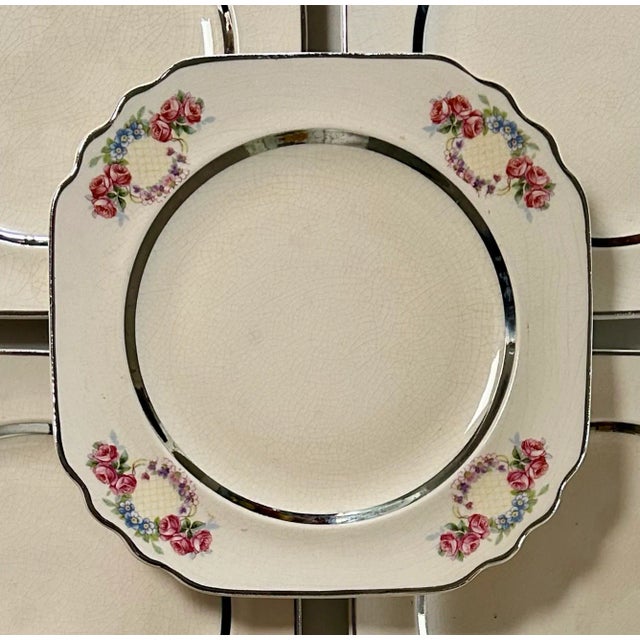 Art Deco Design.: Square with Scalloped Edges Trimmed in Silver This set of 5 pretty porcelain dessert plates feature...