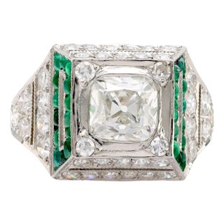 1930s Art Deco Gia 1.51 Carat Old Mine Diamond Emerald Platinum Ring For Sale
