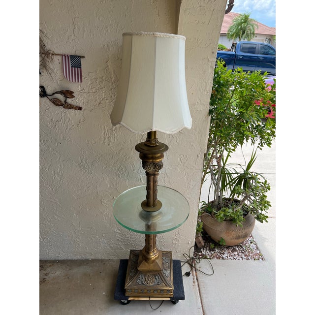 Hollywood Regency Antique Brass Floor Table Lamp For Sale - Image 3 of 8