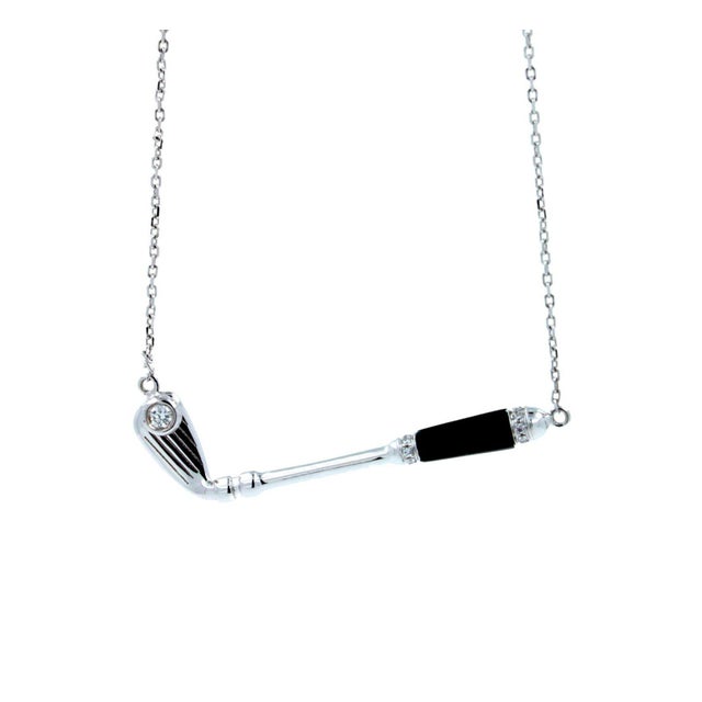 Contemporary Diamond Black Onyx Golf Club Birdie Jewelry 18 Karat White Gold Charm Pendant Necklace For Sale - Image 3 of 9
