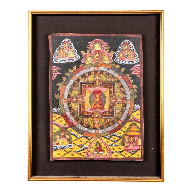 Antique 19th Century Tibetan Buddhist Mandala Thangka With Meditation Buddha For Sale