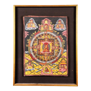 Antique 19th Century Tibetan Buddhist Mandala Thangka With Meditation Buddha