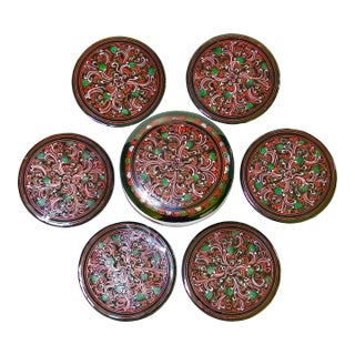 1960s Japanese Lacquerware Coasters - Vintage Asian Barware Entertaining Set - Mid Century Tabletop Decor For Sale