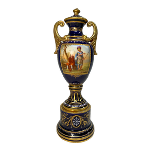 Antique Hand Painted Royal Vienna Porcelain Cobalt Gold Lidded Vase Mini Urn
