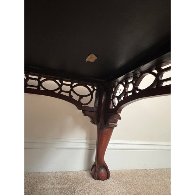 1980s Maitland-Smith Cocktail Table: Tooled Leather, Carved Fretwork, Ball & Claw Feet For Sale - Image 9 of 12