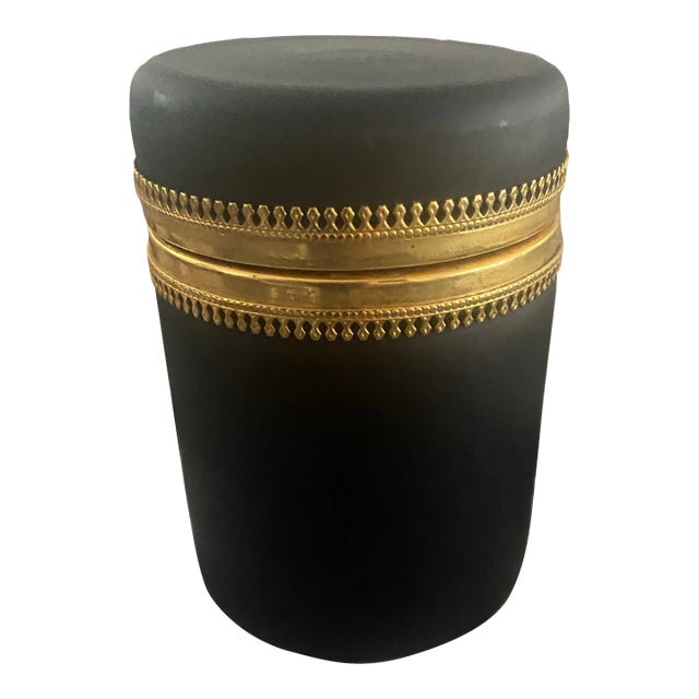 Vintage Cylindrical Black and Brass, Opaque Black Hinged Lid Casket Box For Sale