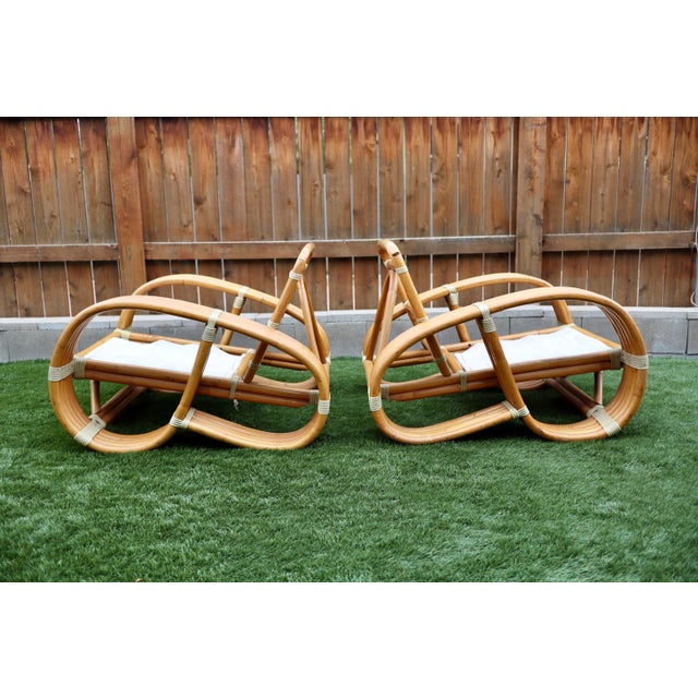 1970s Pair of Mid-Century Modern Bamboo Rattan 5-Strand Pretzel Chairs | Paul Frankl Style For Sale - Image 5 of 10