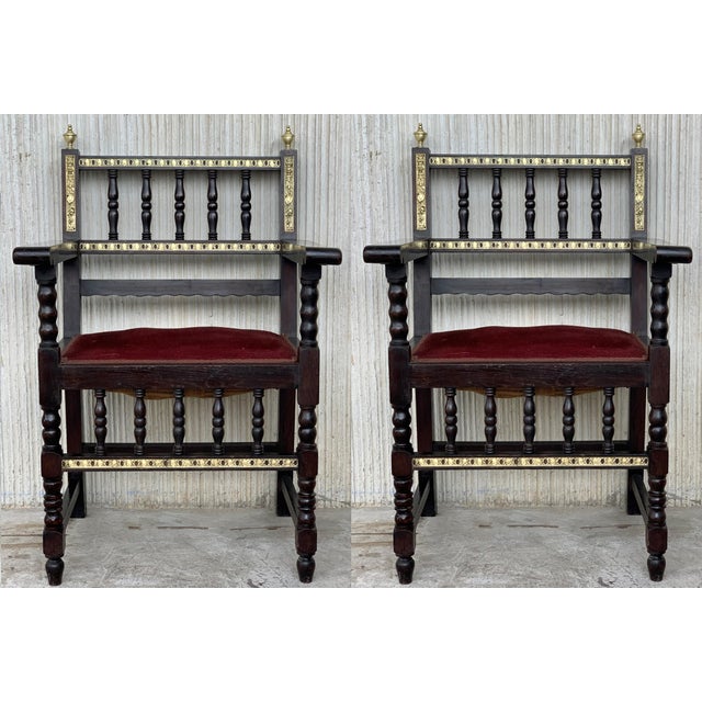 French Country 19th Spanish Armchairs With Bronze Details and Red Velvet Upholstery - a Pair For Sale - Image 3 of 3