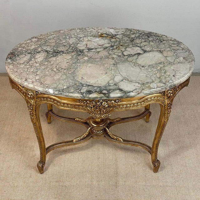 19th Century French Louis XVI Gilded Marble Top Oval Center Table For Sale - Image 16 of 18