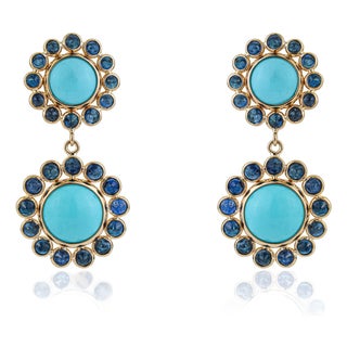 VRJewels 20.43ct Turquoise Sapphire 14k Yellow Gold Floral Navajo Drop Earrings- A Pair For Sale