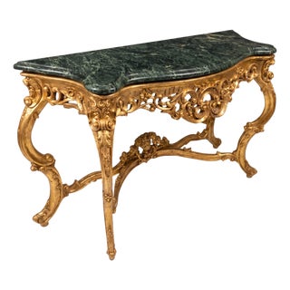 Large Scale Italian Louis XV Carved Giltwood Console Table W/ Verde Marble Top For Sale