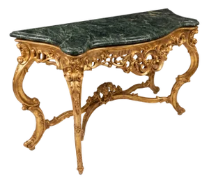 Large Scale Italian Louis XV Carved Giltwood Console Table W/ Verde Marble Top