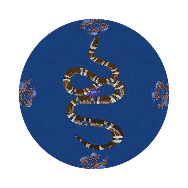 2020s Thistle And Snake Blue Vegan Leather Round Pebble Placemat, Set of 4 For Sale - Image 5 of 5