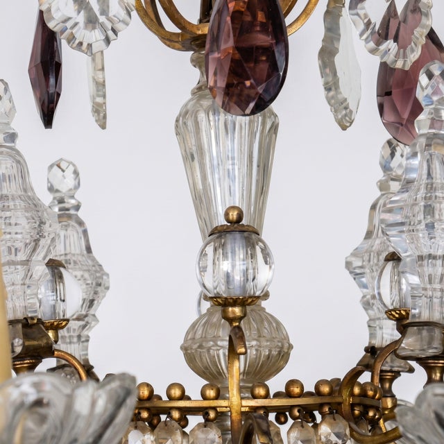 Gold Large Louis XV Style Cage Chandelier with Crystal Pendants and Amethyst Drops, 1950 For Sale - Image 8 of 18