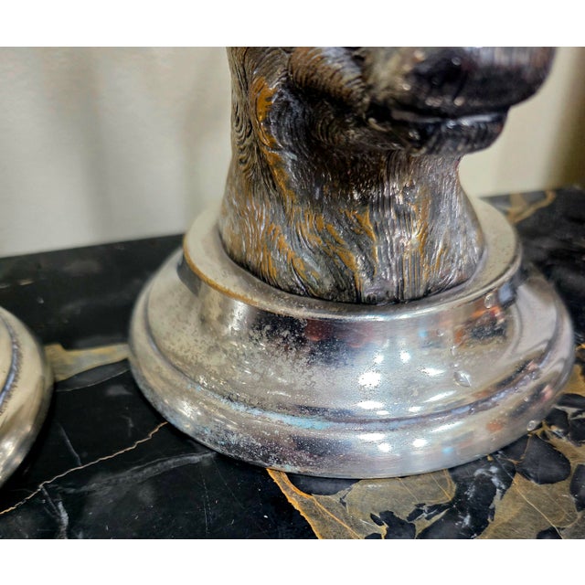 1950s Pair of Carole Stupell Stag Silverplate Hurricane Lamps For Sale - Image 12 of 13
