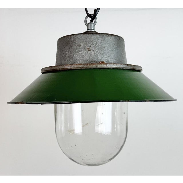 Glass Industrial Green Enamel and Cast Iron Pendant Light, 1960s For Sale - Image 7 of 16