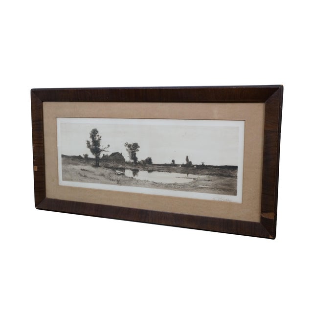 #48649 Antique late 19th-century black and white panoramic landscape etching by Edward Loyal Field. A tranquil rural...