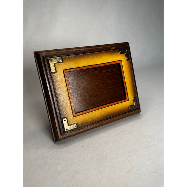 Late 20th Century Vintage Hollywood Regency Campaign Style Golden Yellow Leather and Brass Tabletop Picture Frame For Sale - Image 5 of 11