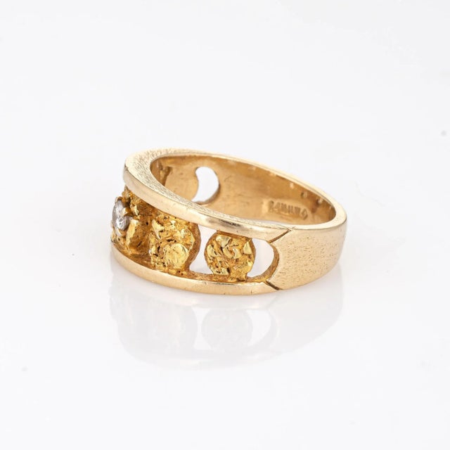 Vintage 70s Nugget Ring 24k Gold Diamond Sz 7 14k Stacking Band Fine Jewelry For Sale - Image 4 of 7