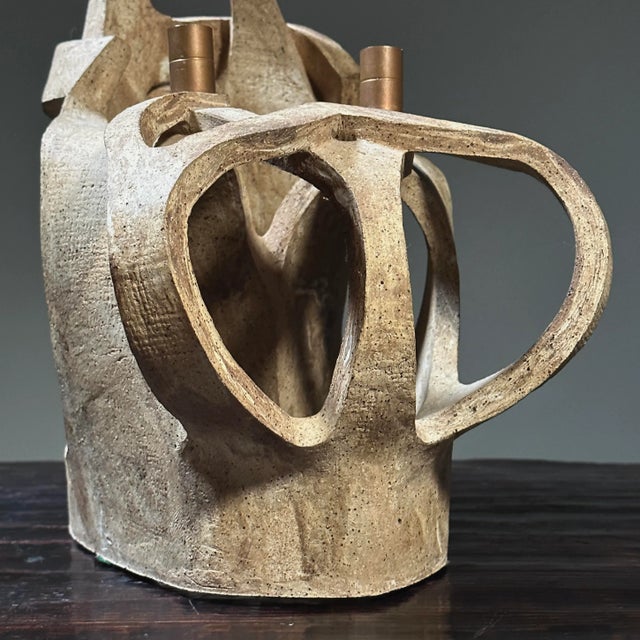 Tan Vintage Slab Built Modernist Stoneware Candelabra Sculpture, Signed/Art Nouveau/Gaudi For Sale - Image 8 of 11