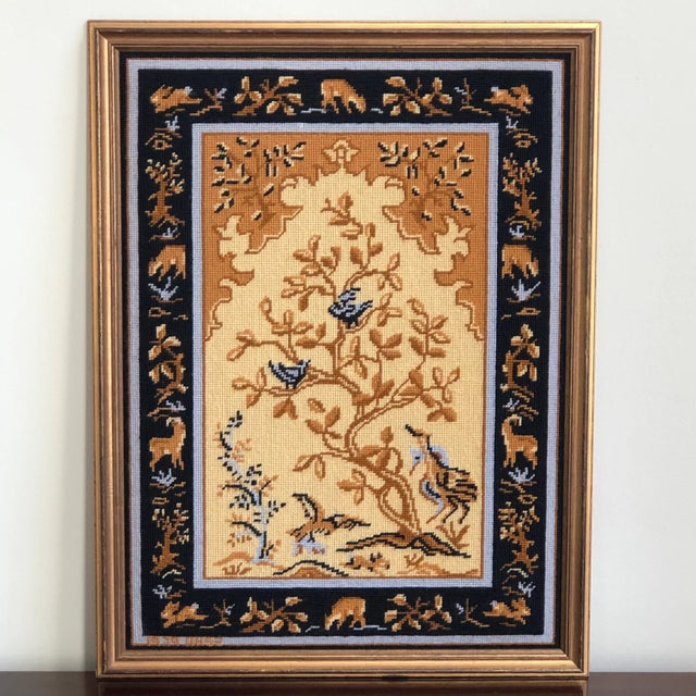 This is one of two beautifully handmade Persian-themed needlepoint wall hangings in my shop of identical size and framing....