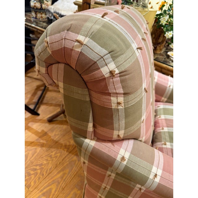 Light Pink Pair of Pink and Green Plaid Upholstered Armchairs For Sale - Image 8 of 10