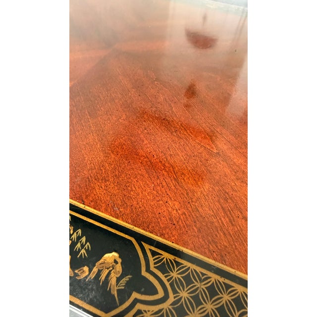 1980s Drexel Heritage Chinoiserie Parsons Side Tables, Pair – Lacquered With Gilt Asian Motif Inlay For Sale - Image 11 of 14