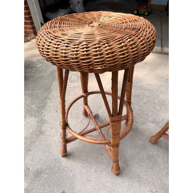 Mid-Century Modern Pair of Wicker Vintage Bar Stools For Sale - Image 3 of 12