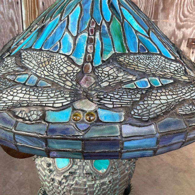 Metal Vintage Boho Dragonfly Glass Lamp After Tiffany For Sale - Image 7 of 10