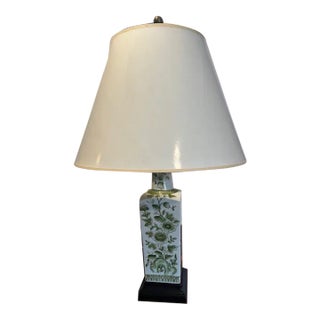 Mid 20th Century Chinese Hand Painted Green & Gold Porcelain Table Lamp With Shade For Sale