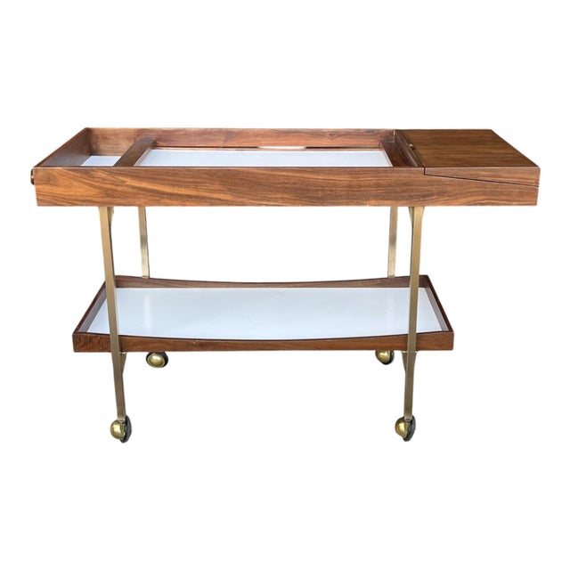 Paul McCobb 1960s Mid-Century Modern Brass and Walnut Paul McCobb Style Bar Cart For Sale - Image 4 of 15
