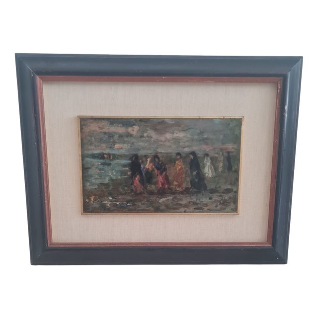 Vincenzo Irolli, Coastal Promenade at Sunset, 1920s, Oil Painting on Canvas, Framed For Sale